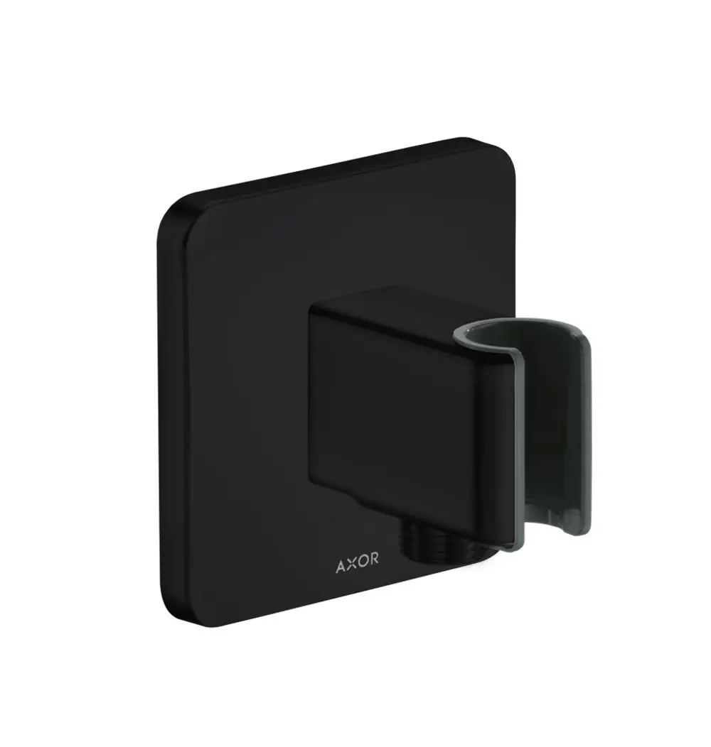 Schwarze Wandhalterung von AXOR mit rechteckigem Design und Halterung für Duschkopf. Simple und funktionale Form.